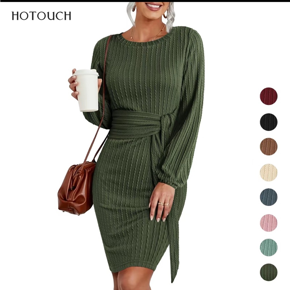Green Long Sleeve Ribbed Knit Dress